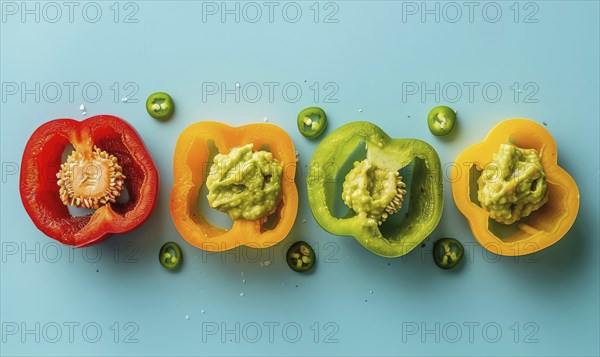 Sliced bell peppers with guacamole on a light blue background AI generated