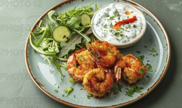 Shrimp and zucchini fritters with yogurt dip on a pastel green plate AI generated