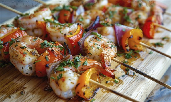 Shrimp and roasted vegetable skewers on a light wooden background AI generated
