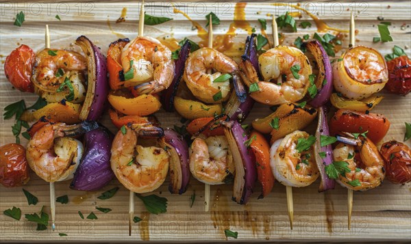 Shrimp and roasted vegetable skewers on a light wooden background AI generated