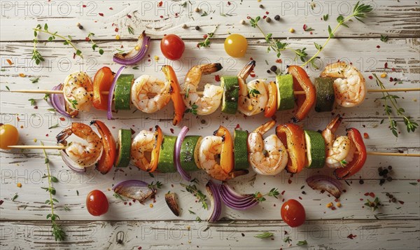 Shrimp and roasted vegetable skewers on a light wooden background AI generated