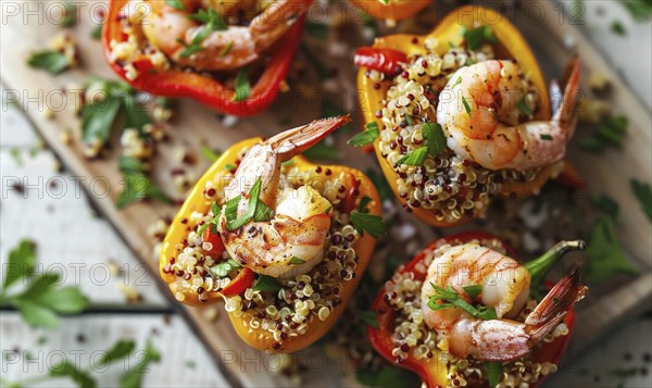 Shrimp and quinoa stuffed bell peppers on a light wooden background AI generated