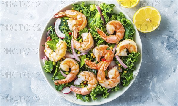 Shrimp and kale salad with lemon vinaigrette on a light blue background AI generated