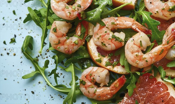 Shrimp and grapefruit salad with arugula on a light blue background AI generated