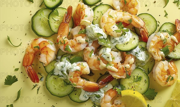 Shrimp and cucumber salad with yogurt dressing on a light yellow background AI generated