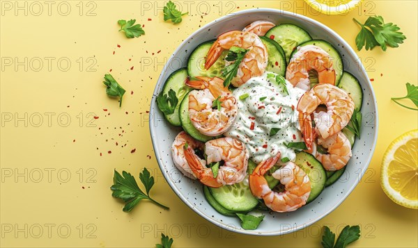 Shrimp and cucumber salad with yogurt dressing on a light yellow background AI generated