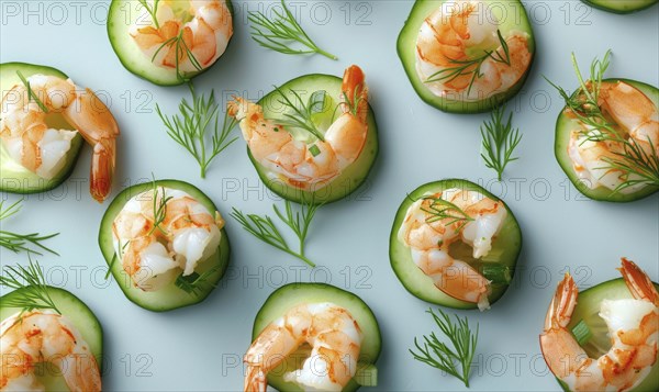 Shrimp and cucumber bites with dill on a light blue background AI generated