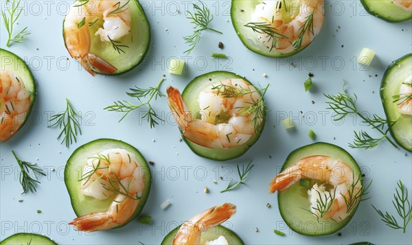Shrimp and cucumber bites with dill on a light blue background AI generated