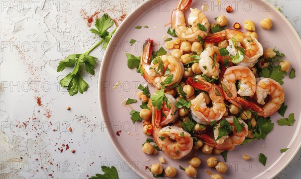 Shrimp and chickpea salad with parsley on a pastel pink plate AI generated