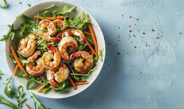 Shrimp and carrot salad with ginger dressing on a light blue background AI generated