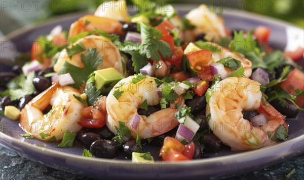 Shrimp and black bean salsa with cilantro on a pastel purple plate AI generated