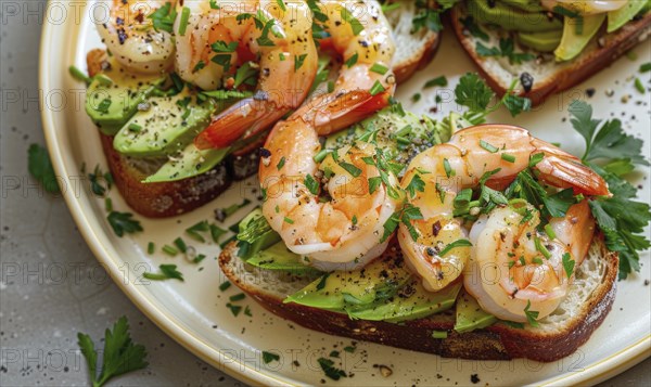 Shrimp and avocado toast with herbs on a pastel yellow plate AI generated