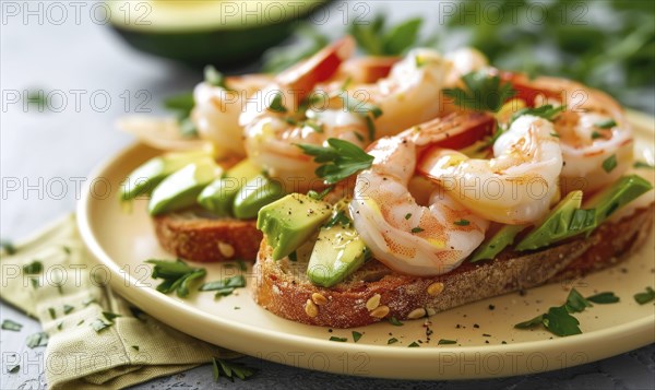 Shrimp and avocado toast with herbs on a pastel yellow plate AI generated