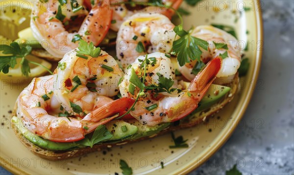 Shrimp and avocado toast with herbs on a pastel yellow plate AI generated