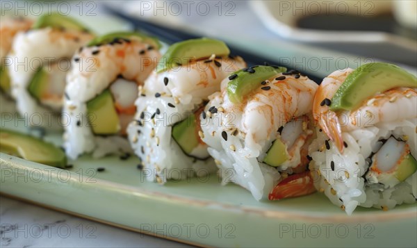 Shrimp and avocado sushi rolls on a pastel green plate AI generated