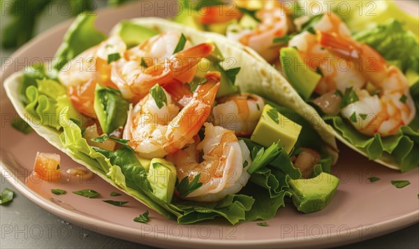 Shrimp and avocado salad wraps with lettuce on a pastel pink plate AI generated