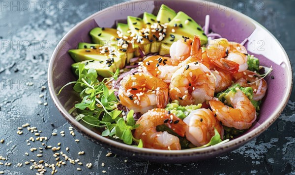 Shrimp and avocado poke bowl with sesame seeds on a pastel purple plate AI generated