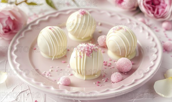 Rose and white chocolate truffles on a pastel pink plate AI generated