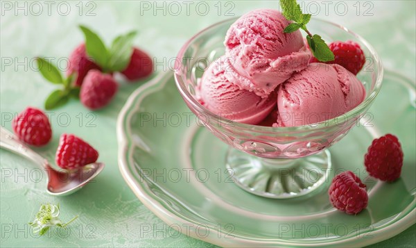 Rose and raspberry sorbet in a glass bowl on a pastel green plate AI generated