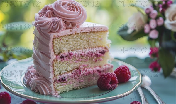 Rose and raspberry cake with rose frosting on a pastel green plate AI generated
