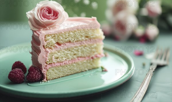 Rose and raspberry cake with rose frosting on a pastel green plate AI generated