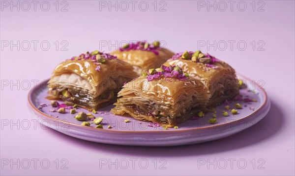 Rose and pistachio baklava on a pastel purple plate AI generated