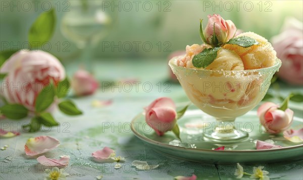 Rose and lemon sorbet in a glass bowl on a pastel green plate AI generated