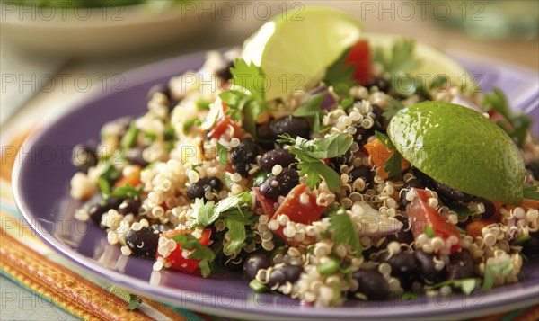 Quinoa and black bean salad with lime on a pastel purple plate AI generated