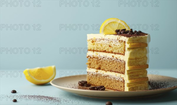 Lemon and coffee mousse cake with layers on a light blue background AI generated