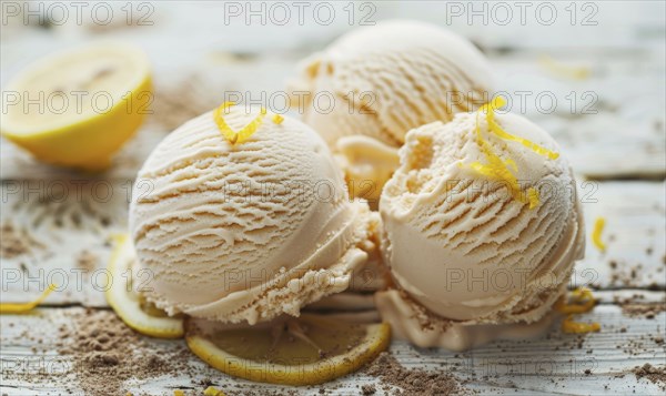 Lemon and coffee ice cream with lemon zest on a light wooden background AI generated