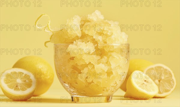 Lemon and coffee granita with lemon zest on a light yellow background AI generated