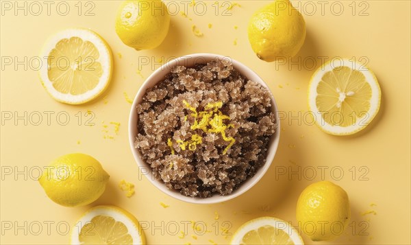 Lemon and coffee granita with lemon zest on a light yellow background AI generated