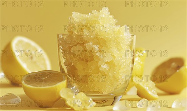 Lemon and coffee granita with lemon zest on a light yellow background AI generated