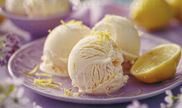Lemon and coffee gelato with lemon zest on a pastel purple plate AI generated