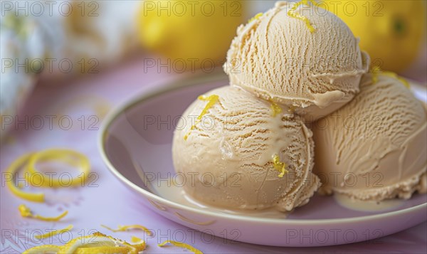 Lemon and coffee gelato with lemon zest on a pastel purple plate AI generated