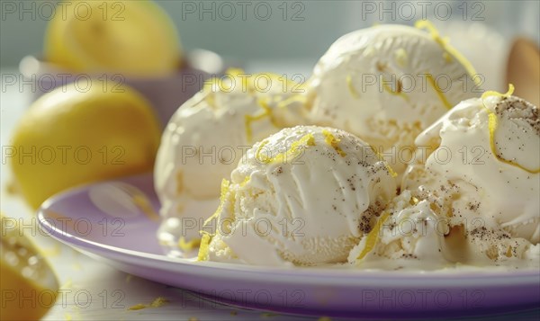Lemon and coffee gelato with lemon zest on a pastel purple plate AI generated