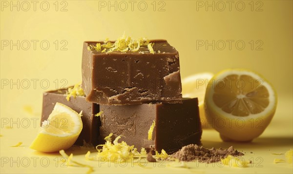 Lemon and coffee fudge with lemon zest on a light yellow background AI generated