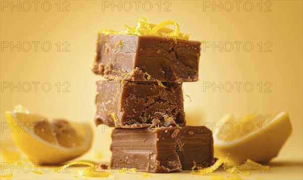 Lemon and coffee fudge with lemon zest on a light yellow background AI generated