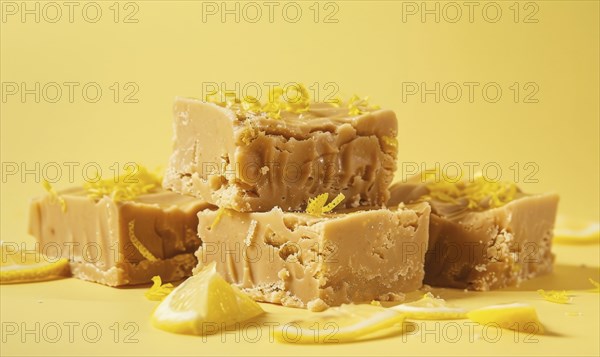 Lemon and coffee fudge with lemon zest on a light yellow background AI generated