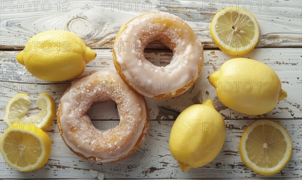 Lemon and coffee donuts with glaze on a light wooden background AI generated
