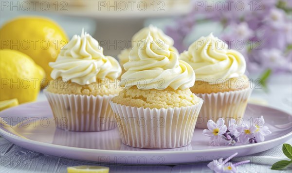 Lemon and coffee cupcakes with frosting on a pastel purple plate AI generated