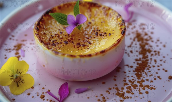 Lemon and coffee creme brulee with caramelized top on a pastel pink plate AI generated
