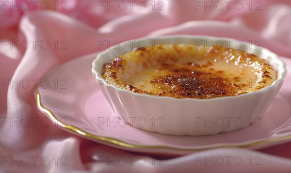 Lemon and coffee creme brulee with caramelized top on a pastel pink plate AI generated