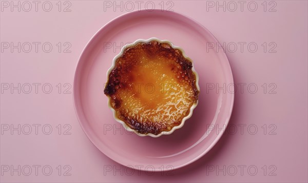 Lemon and coffee creme brulee with caramelized top on a pastel pink plate AI generated