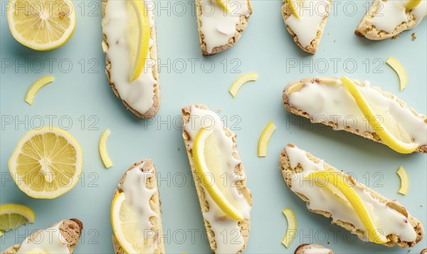 Lemon and almond biscotti with lemon glaze on a light blue background AI generated