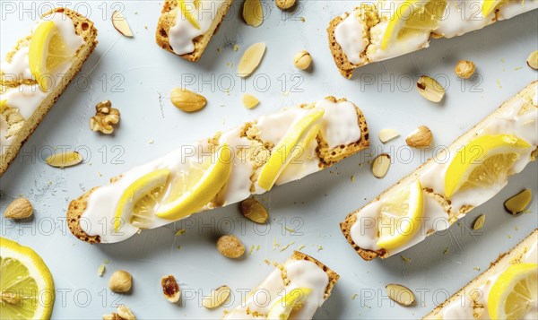 Lemon and almond biscotti with lemon glaze on a light blue background AI generated