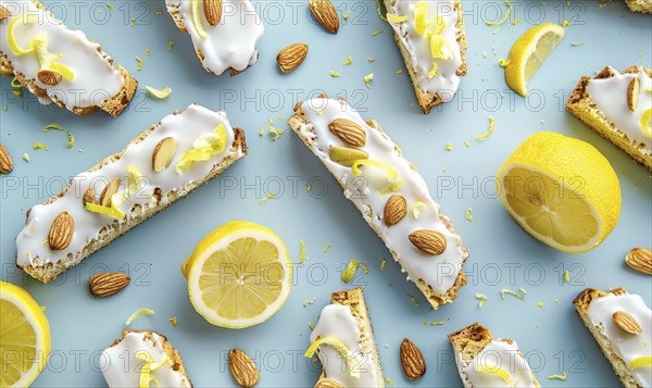 Lemon and almond biscotti with lemon glaze on a light blue background AI generated