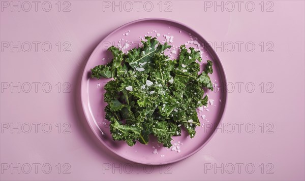 Kale chips with sea salt on a pastel purple plate AI generated