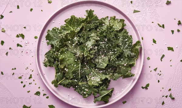 Kale chips with sea salt on a pastel purple plate AI generated