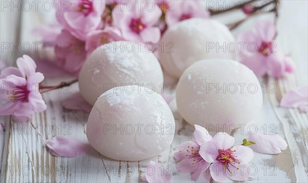 Japanese sakura mochi on a light wooden background AI generated